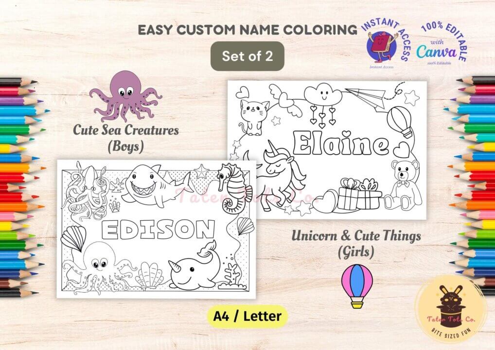 Custom Themed Name Coloring sea animals unicorn magical canva template 001