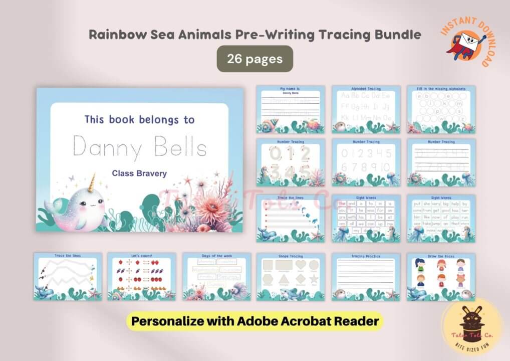 Personalized Cute Rainbow Sea Animals Pre writing Tracing Worksheet Bundle 24 Pages for Preschool Handwriting Practice 001