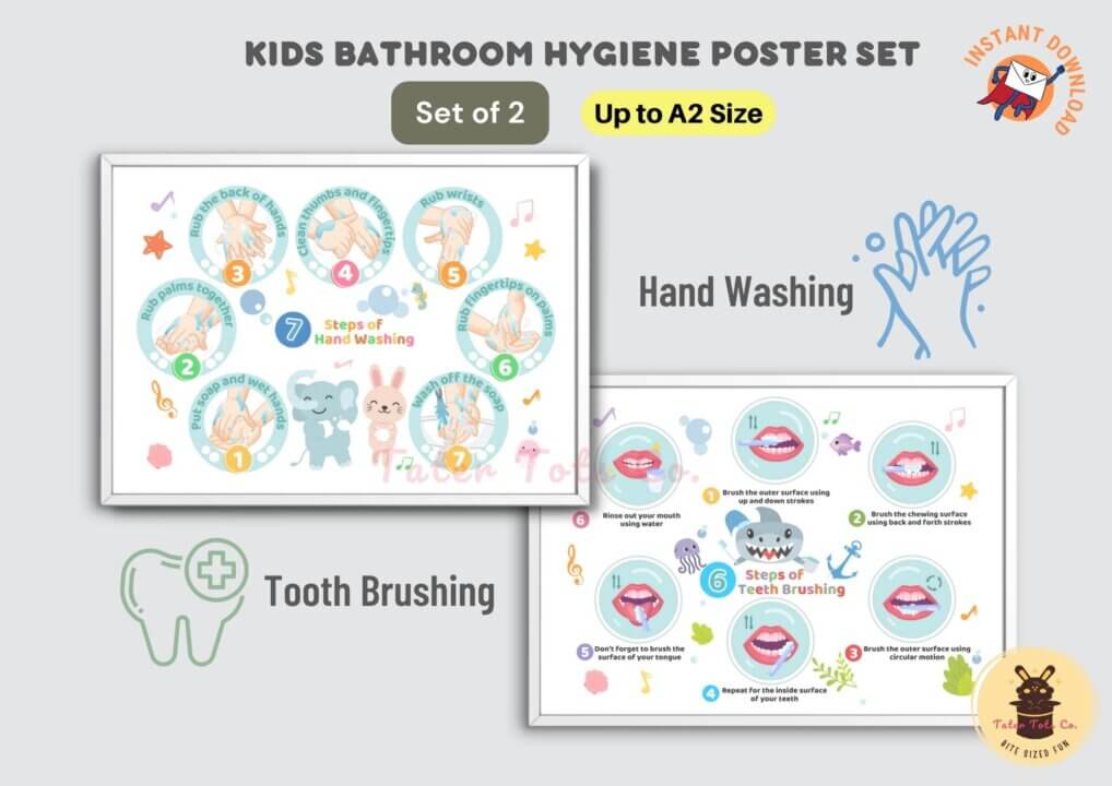 7 steps hand washing 6 steps teeth brushing guide poster pdf bundle toddlers 001