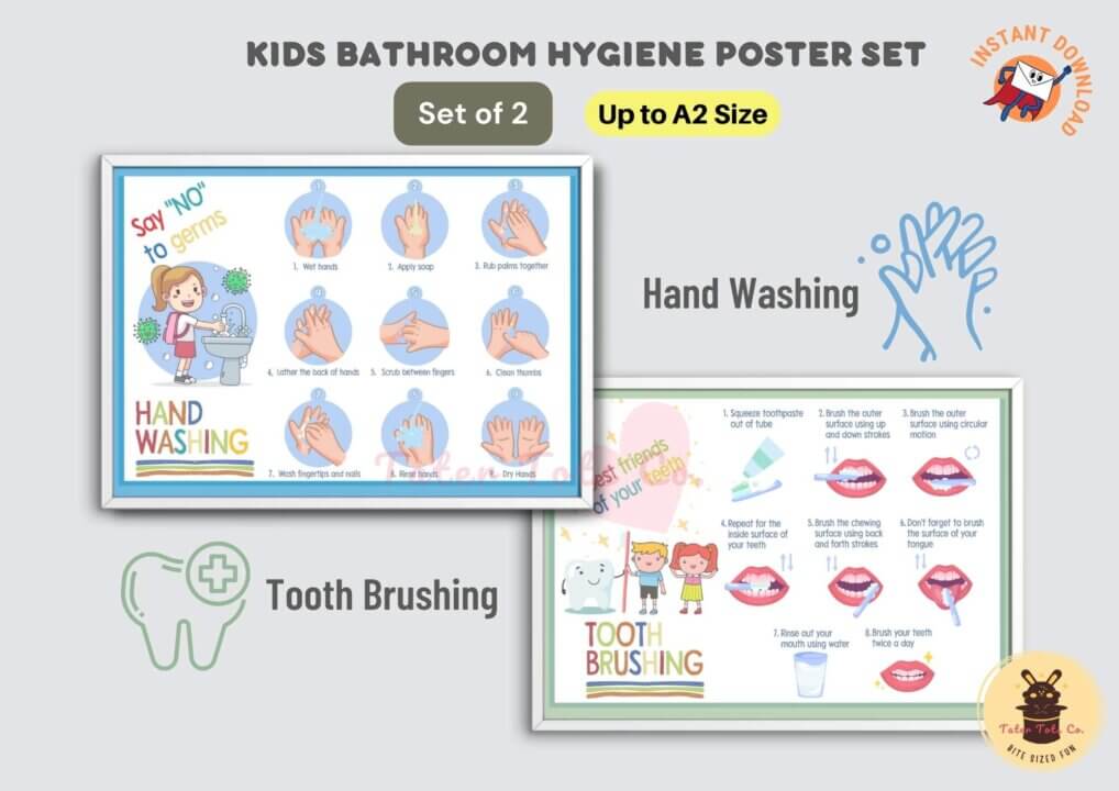 Tooth Brushing and Handwashing Guides Hygiene Poster Set Preschool Learning 001