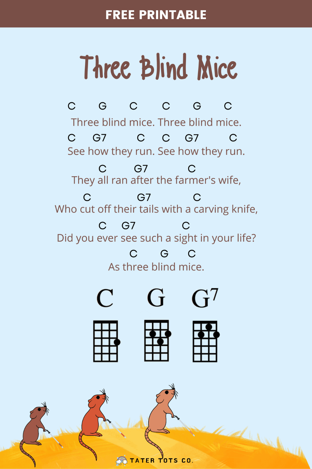 Three Blind Mice ukulele chord nursery rhyme free printable 002