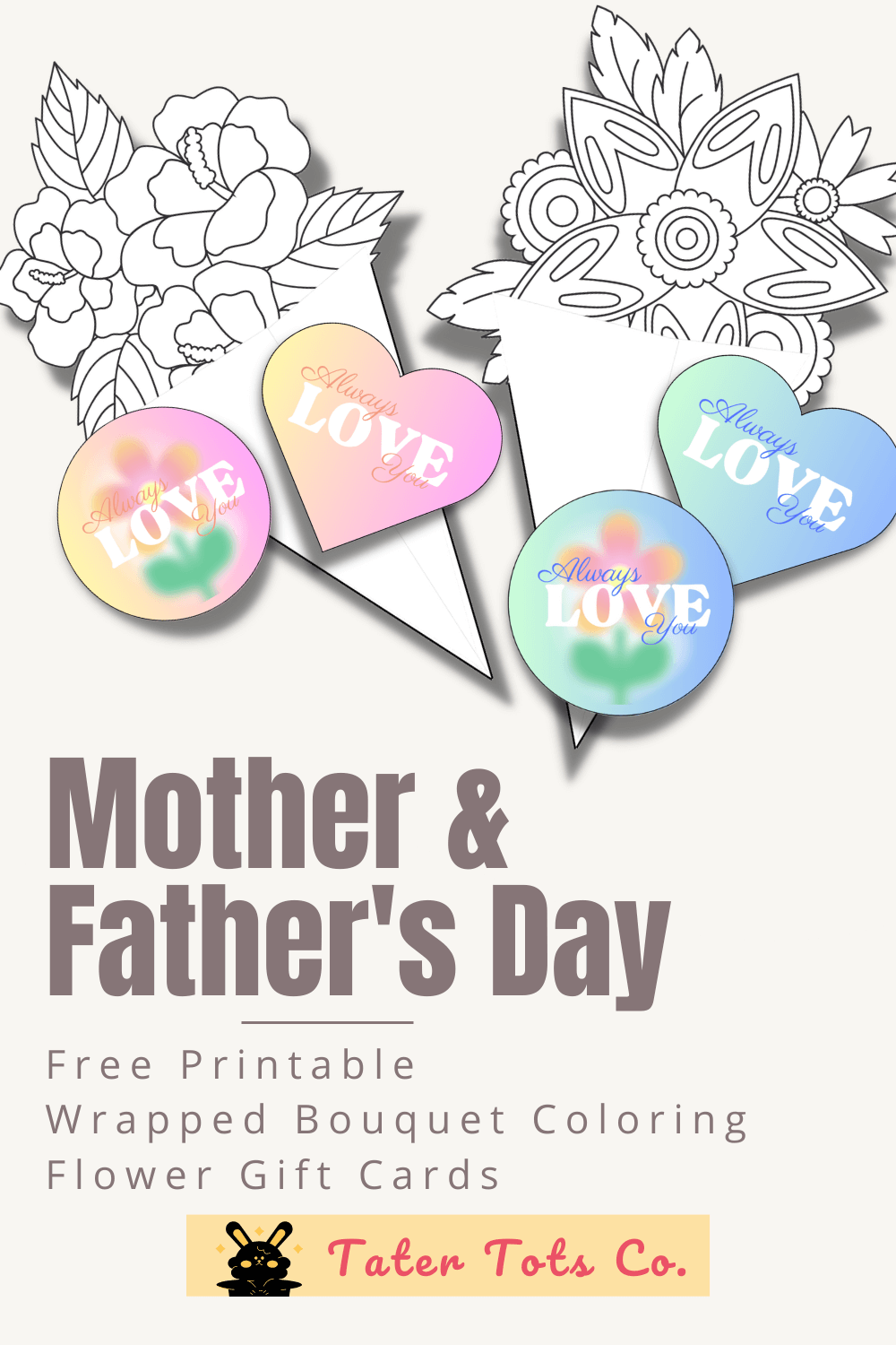 Free Printable Parents Day Mother's day gift Wrapped Bouquet Coloring Flower Gift Cards 004