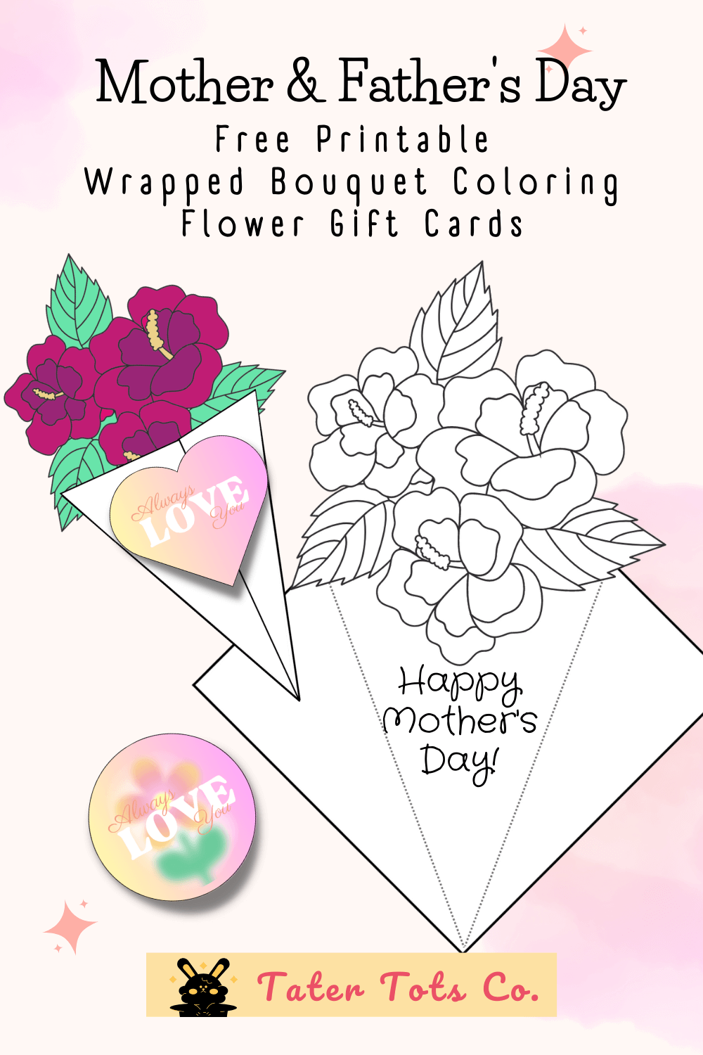 Free Printable Parents Day mother's day gift Wrapped Bouquet Coloring Flower Gift Cards 004