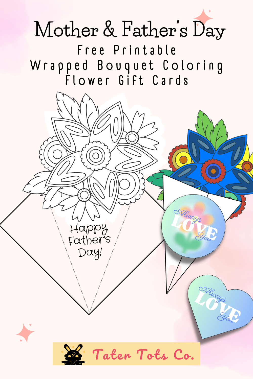 Free Printable Wrapped Bouquet Coloring Flower Mother’s day Gift Cards ...