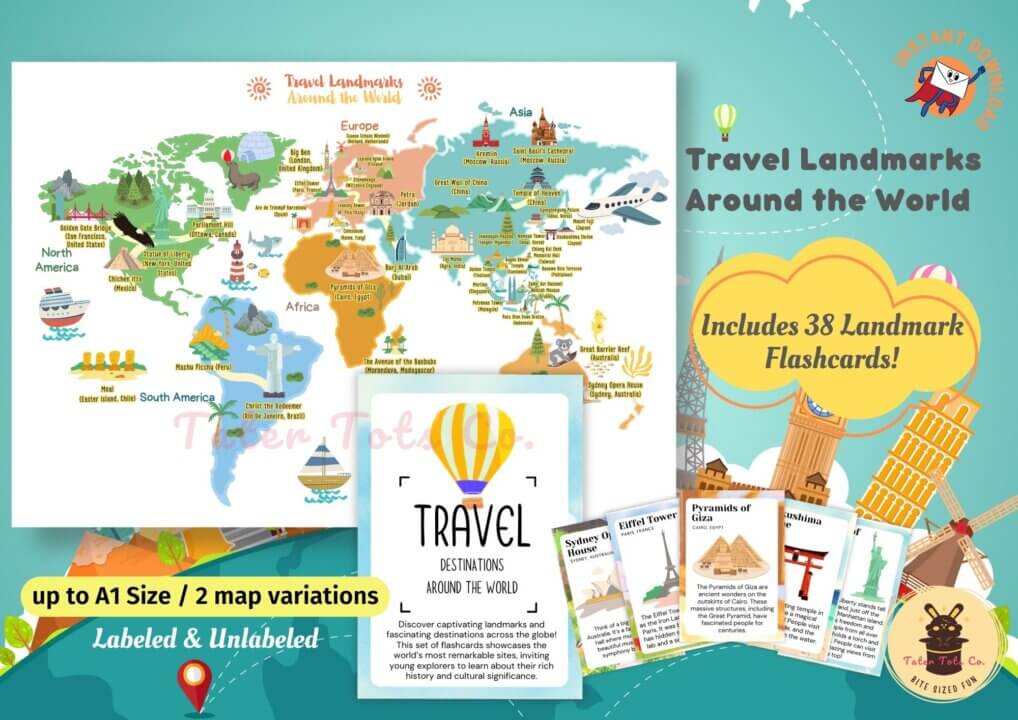 Kids Travel Landmarks and Locations in the World Map Around the World with flashcards PDF 001