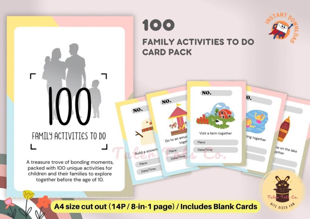 Printable 100 Activities to do with Family Bucket List To Do Kid Activities Checklist Cards Easy Cut Instant Download PDF 001