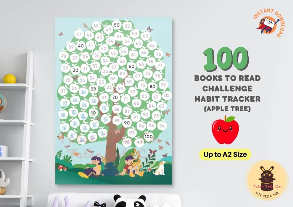 100 Books To Read Challenge for Kids Apple Tree Reading Record Habit Tracker 001