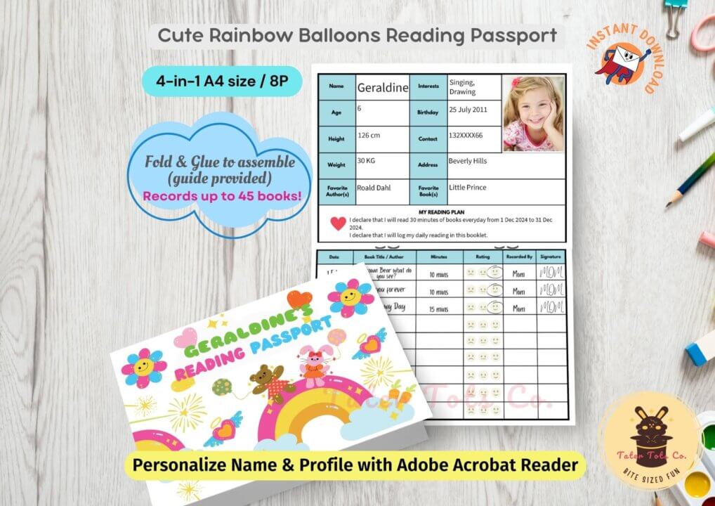 Cute balloon rainbow animals Personalized Reading Passport Record Book List for Kids with Editable Profile pdf 001