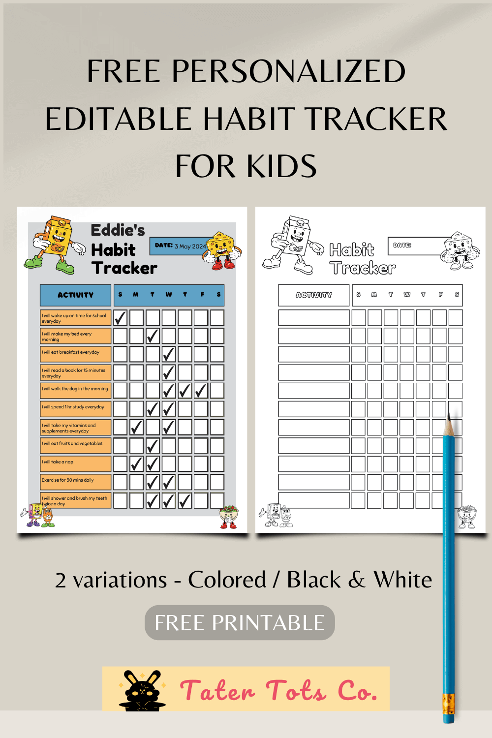 free personalized editable habit tracker for kids colorable version 002