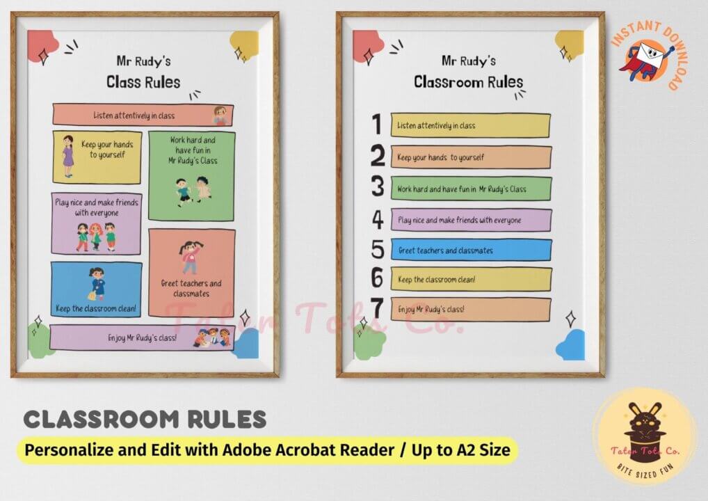 Classroom Rules Personalized Editable Title and Rules Template Printable playroom Sign for kids 001