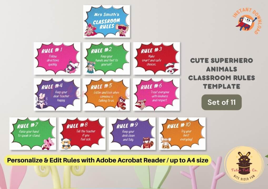 personalized classroom rules display superhero theme with cute cartoon animals editable pdf 001