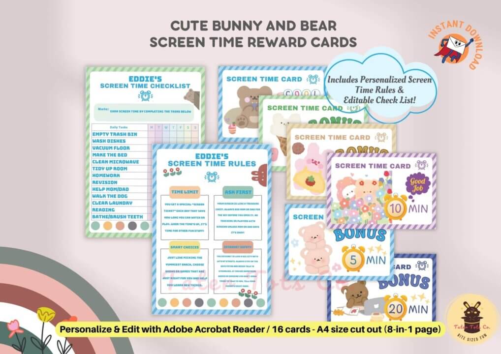 Editable Cute Bear and Bunny Screen Time Rules Checklist and Reward Cards Set Your Own Time Edit Your Own Rules Task Checklist 001
