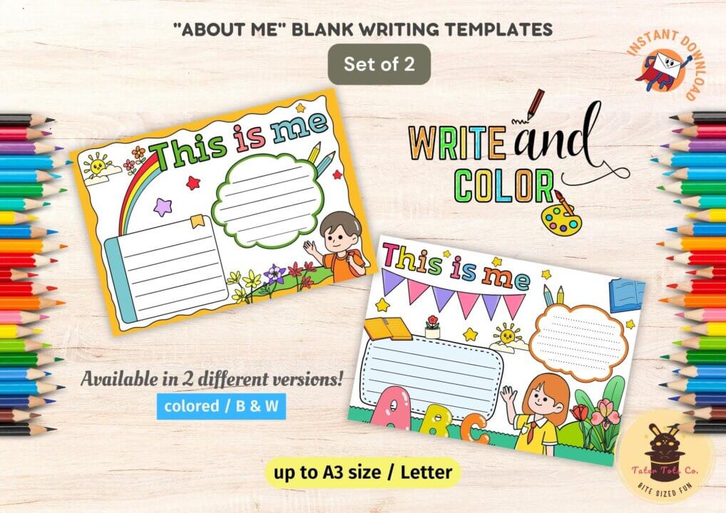 All About Me Writing Color Poster Template Who Am I Kids Questionnaire PDF This is Me 001