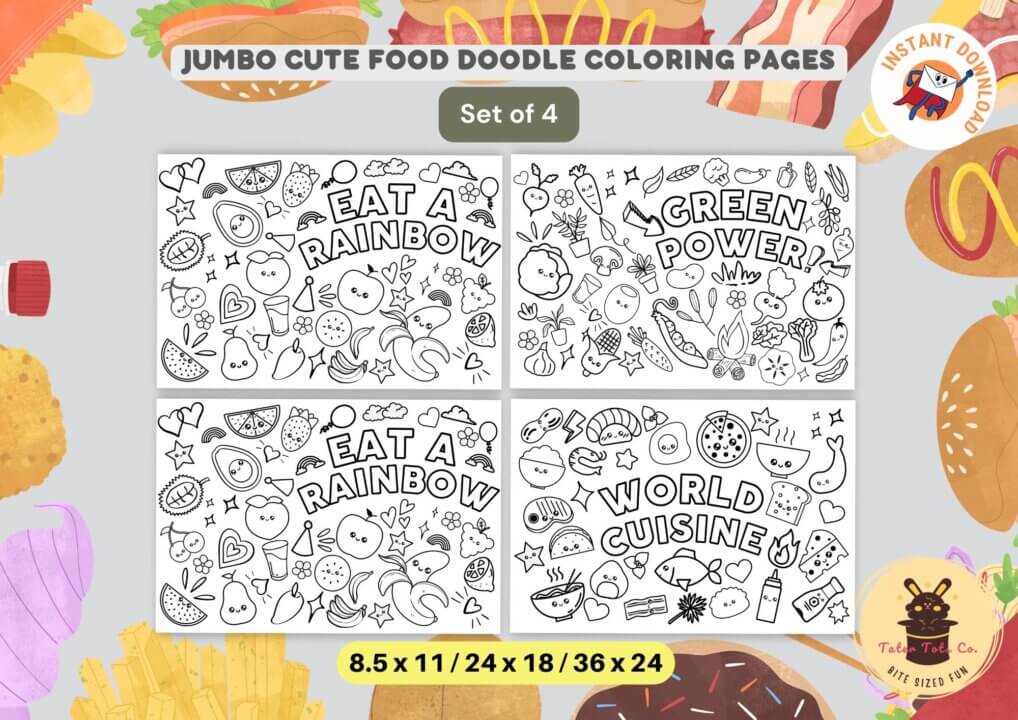 Large Coloring Sheets Bundle Cute Food Doodle patterns Kids Activity Place mat