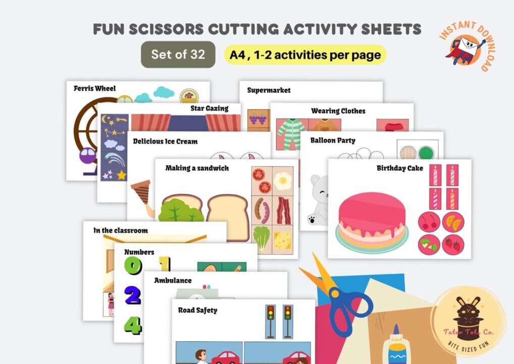 fun printable scissors cutting activity sheets for kids set of 32 creative worksheets 001