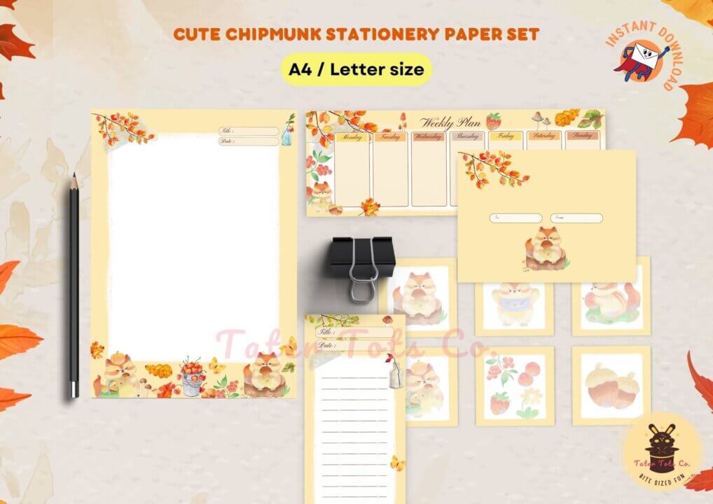 Fall Autumn Chipmunk Watercolor handdrawn Stationery Paper Set Cute and Seasonal Writing Supplies 001