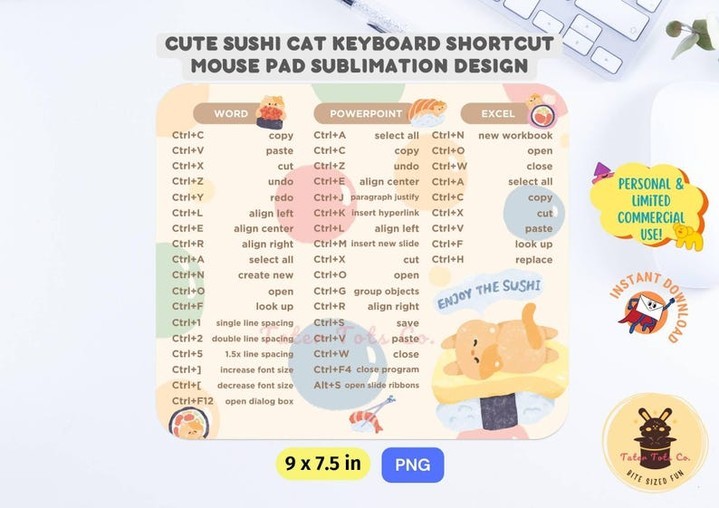 Cute Sushi Cat Roll Windows Shortcut Mousepad Design