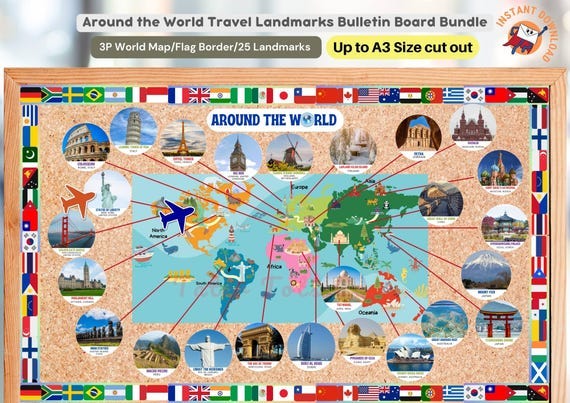 This Travel bulletin board set takes students on an exciting journey around the world, showcasing iconic landmarks and cultural icons. Featuring a world map, 25 landmark cutouts, country flags border, and 2 airplane pointers, this resource is suitable for creating an eye-catching display that sparks curiosity and learning. The world map, printed across 3 A4 sheets, provides a visually appealing backdrop for the display. Teachers can use the included plane pointers at different locations to talk about the landmarks and cultures associated with those destinations. The 25 landmark cutouts feature famous sites from around the globe, such as the Eiffel Tower, Taj Mahal, Great Pyramids, and more. These colorful and informative pieces can be arranged creatively on the bulletin board, encouraging students to learn about different countries and cultures.The country flag border adds a festive touch to the display, showcasing the diversity of the world. Teachers can use this set to teach geography, cultural awareness, and global citizenship, engaging students in hands-on learning activities. Download, print, and easily assemble this engaging resource to connect your students with the world around them. Read more Travel Around and Explore the World Engaging Landmarks Bulletin Board Bundle