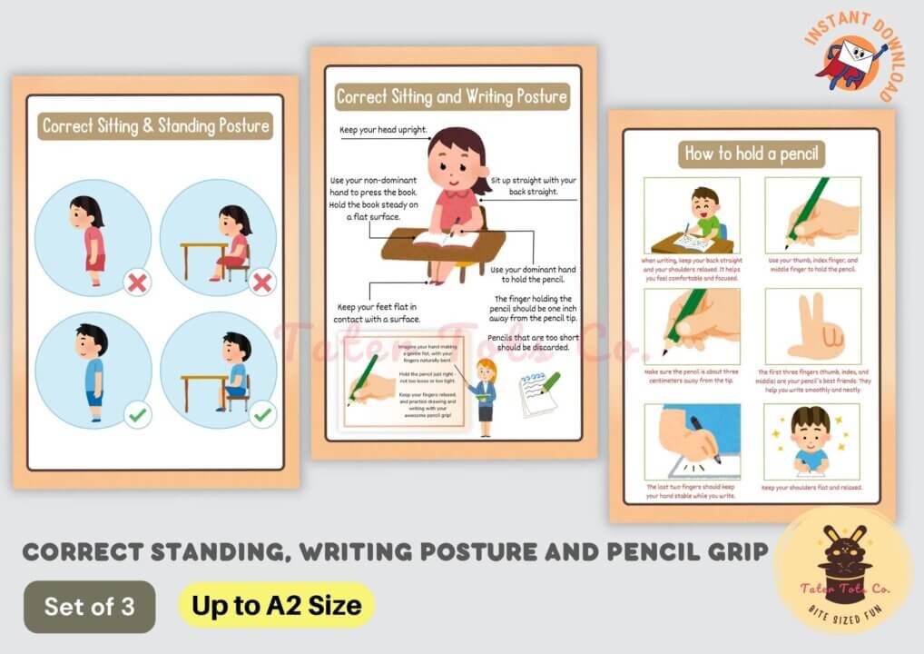 Correct Standing and Writing Posture How to Hold a Pen and Pencil Grip infographic poster bundle 001